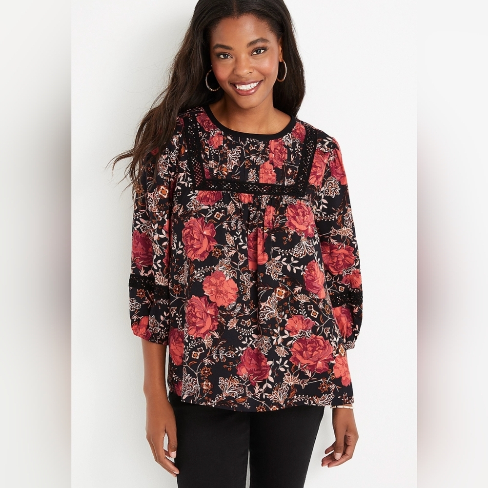 Maurice's Black Floral Lace Long Sleeve Blouse